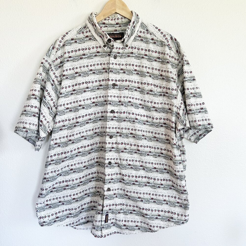 Vtg Woolrich Shirt Mens XXL Fishing Button Down S/S Rod Tackle All Over Print